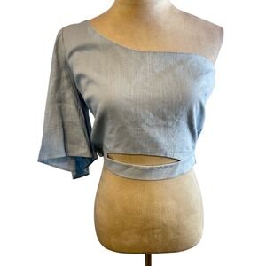 Zara One Shoulder Linen Blouse Bell Sleeve Cutout Top Light Blue Women's XL